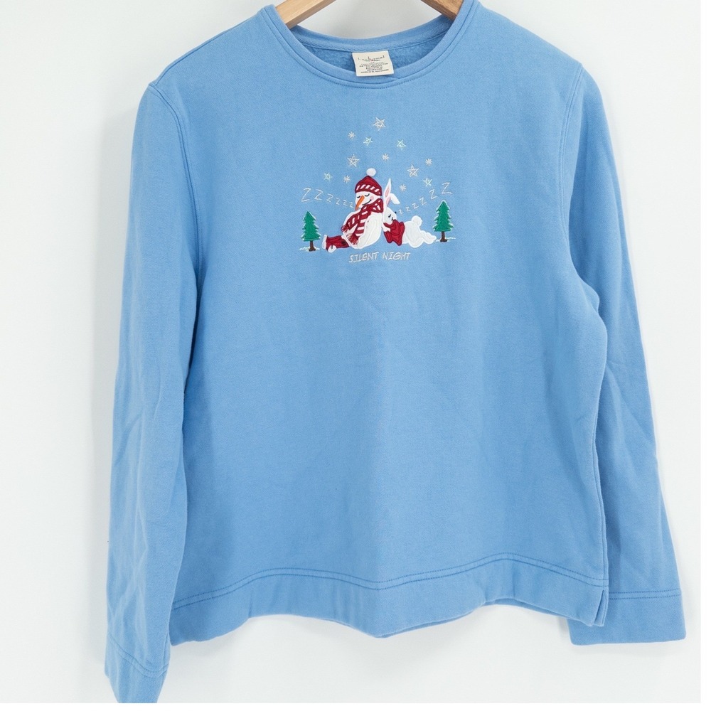 Vintage Christmas Sweatshirt Women M Blue Silent Night Snowman Granny 90s Winter